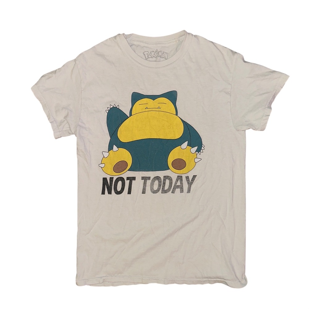 Pokemon Snorlax Not Today Graphic T-Shirt White Small Cotton Short Sleeve Tee
